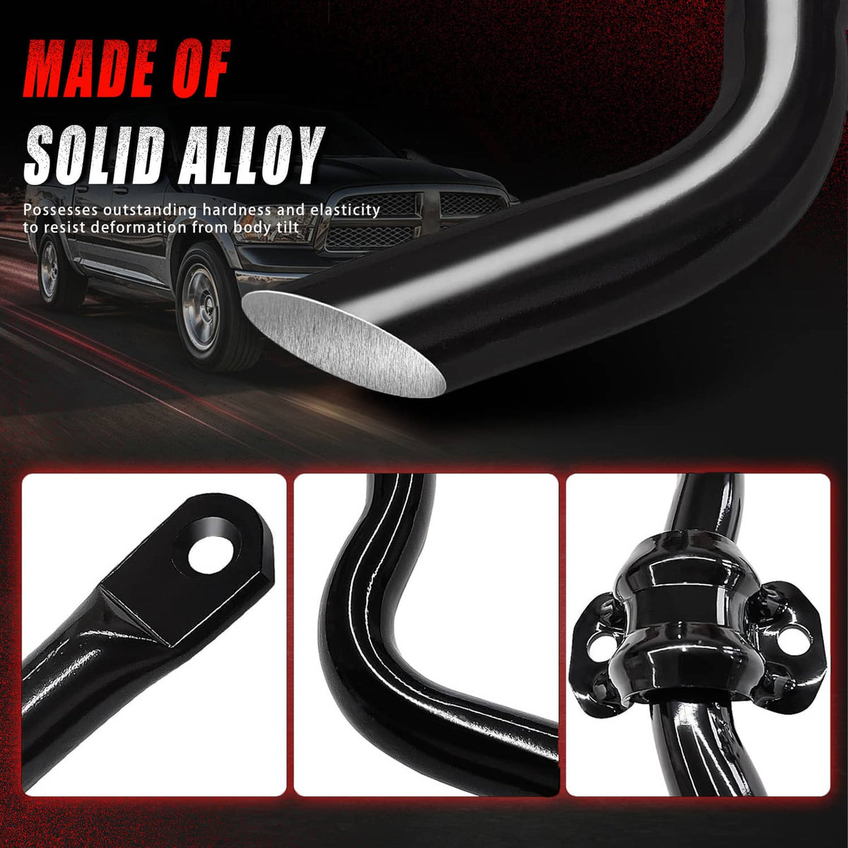 Black front sway bar bracket and bushing details with curved bar segment