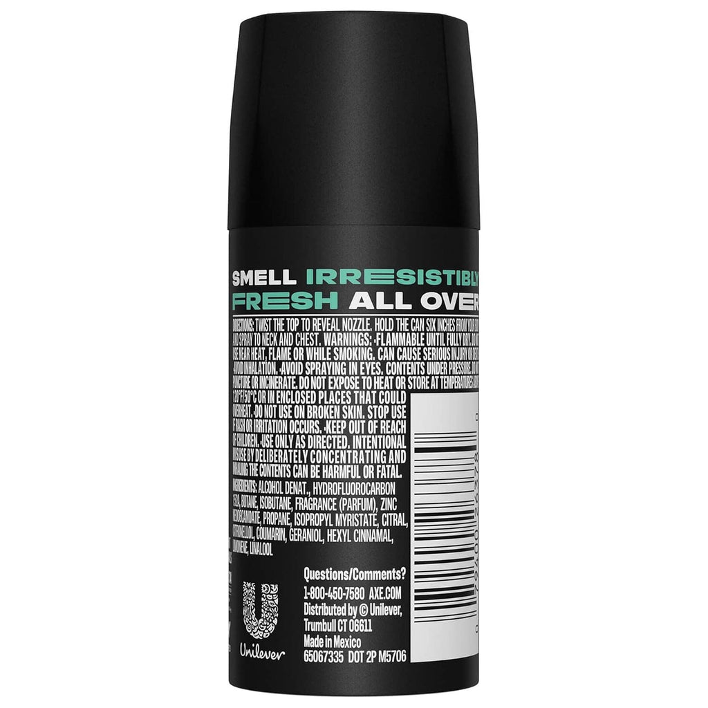Back view of a black AXE Apollo deodorant body spray can with barcode and label