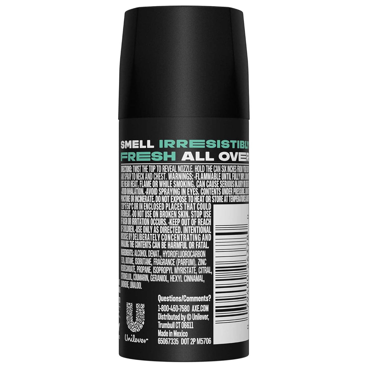 Back view of a black AXE Apollo deodorant body spray can with barcode and label