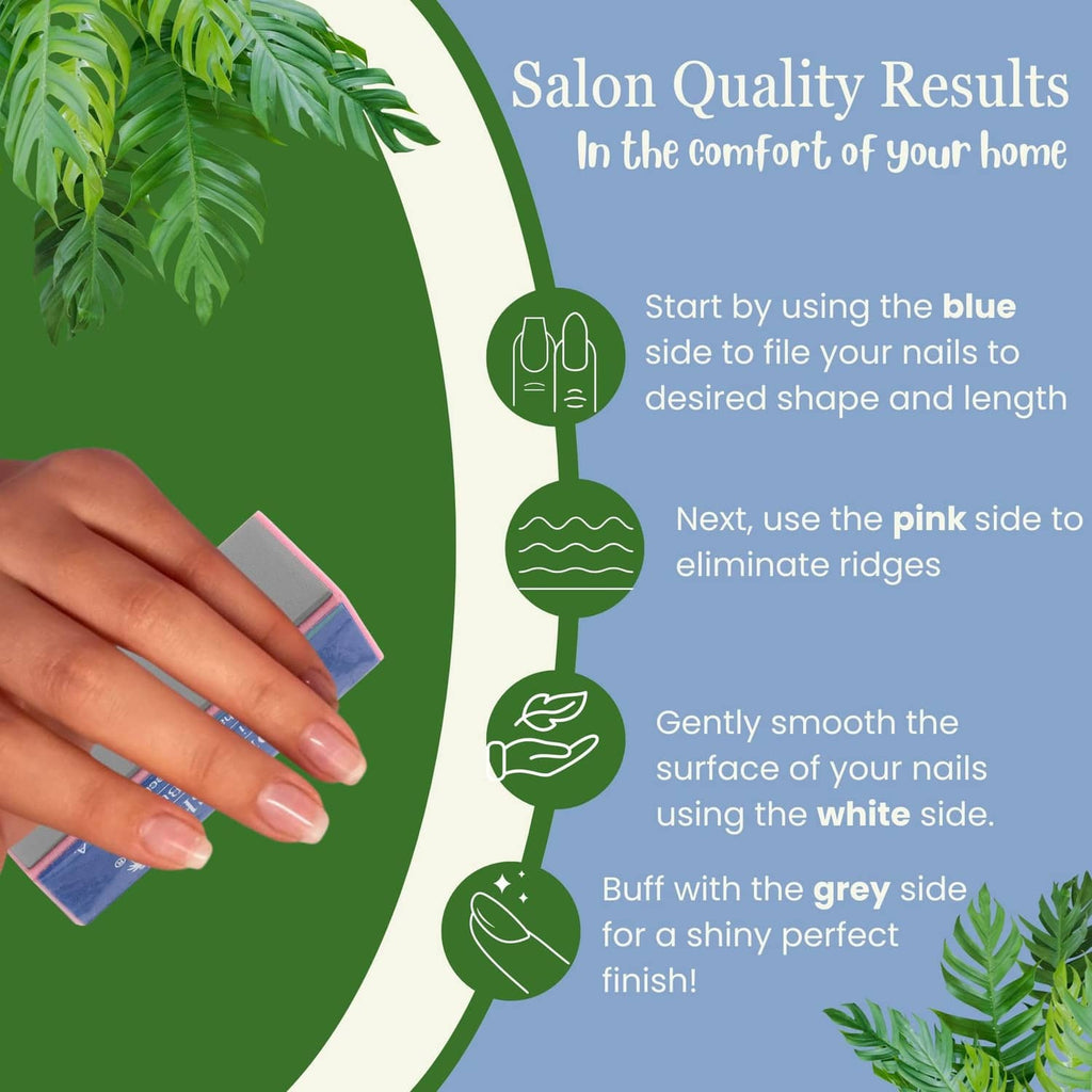 Person using mini 4-way nail buffer block on fingernails with step icons