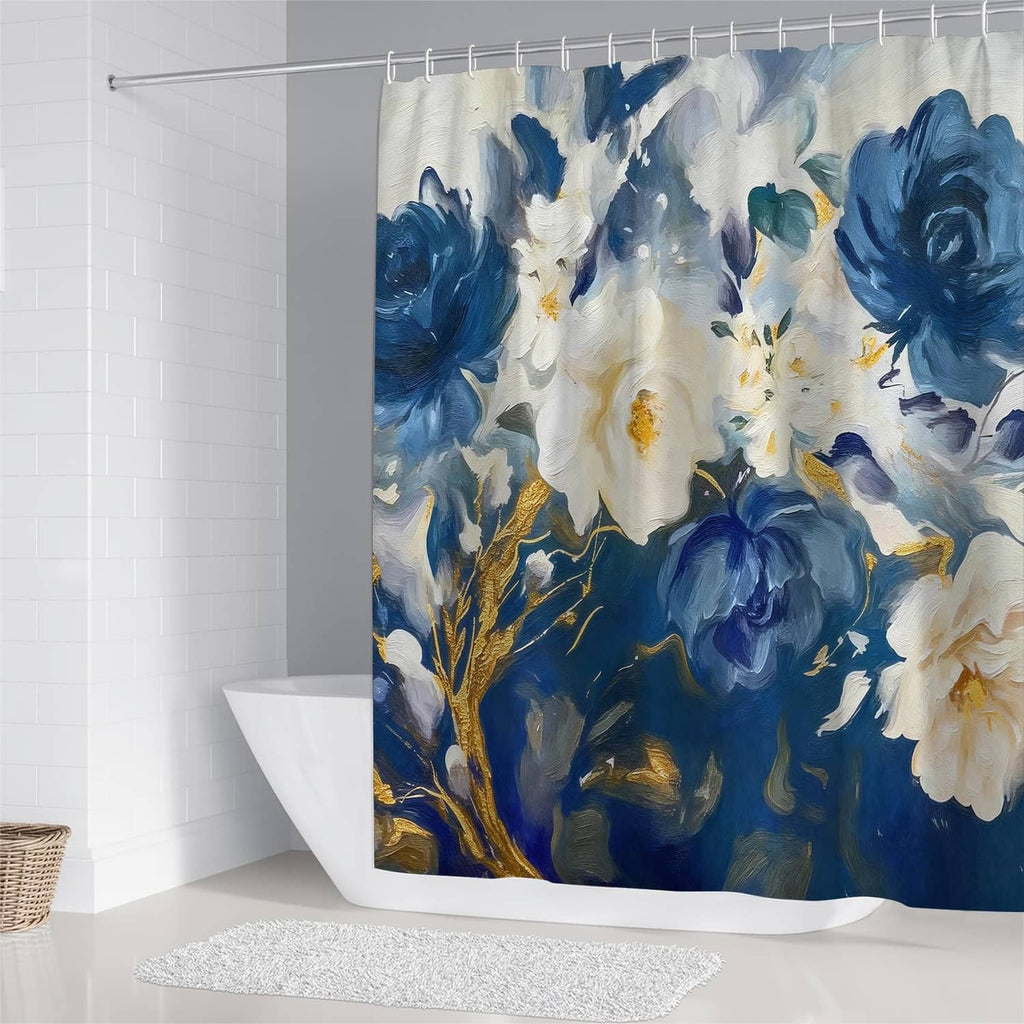 Blue floral shower curtain panel with white and gold accents