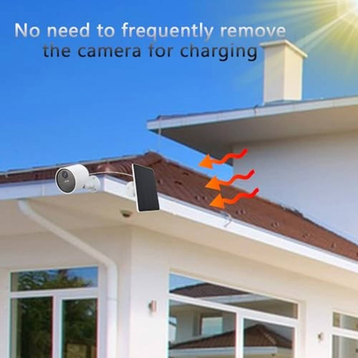 White solar camera on wall eave bracket with cable for convenient charging
