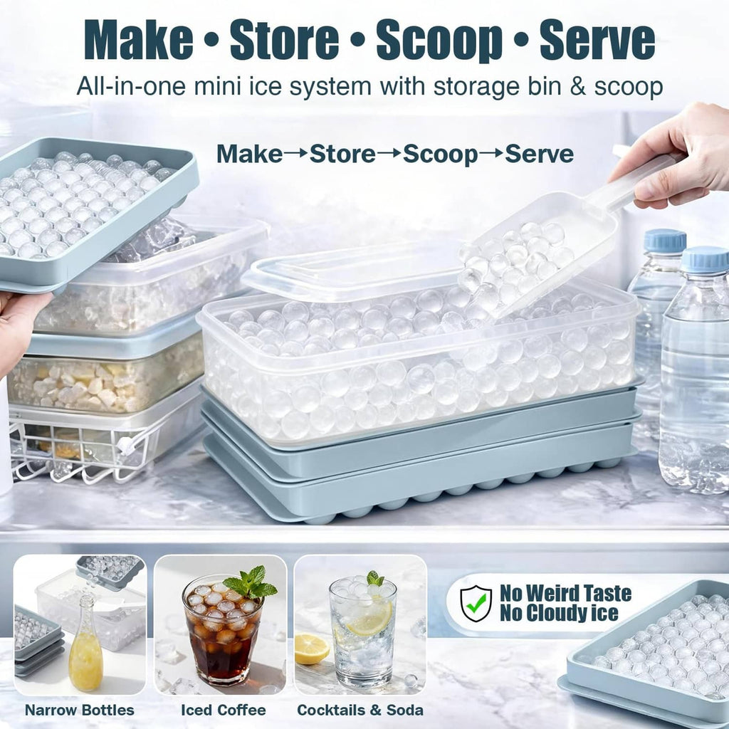 Blue mini ice tray system with storage bin and scoop for pebble ice