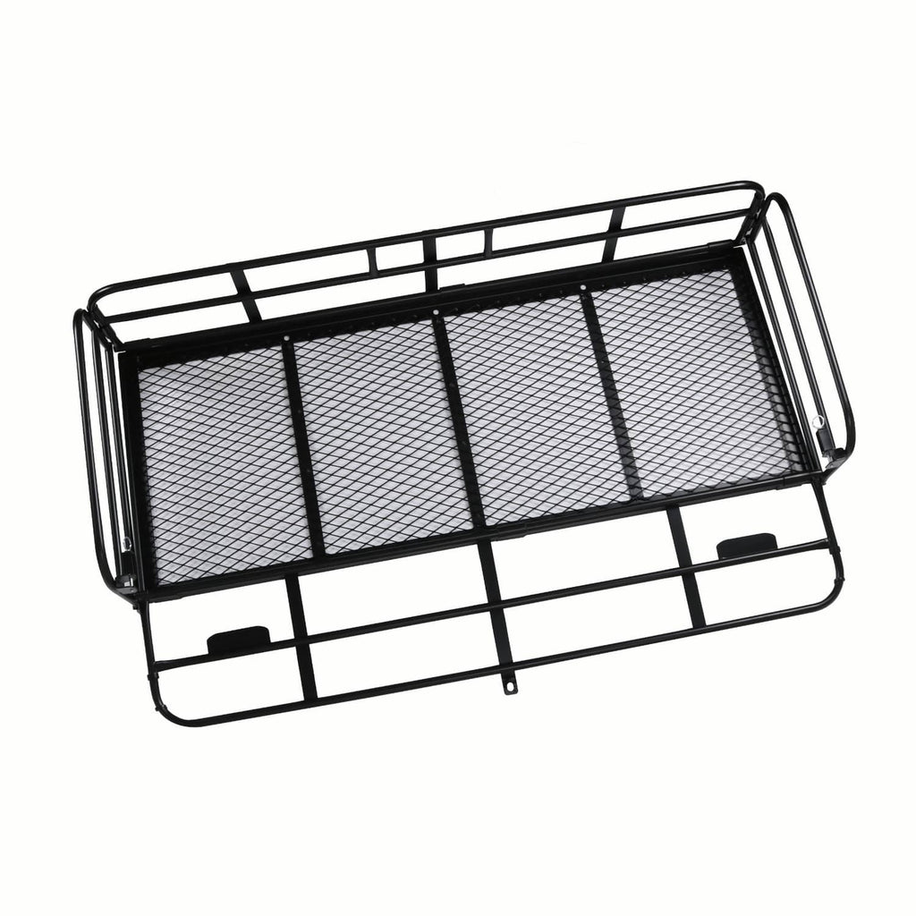 Hitch-mount folding cargo basket with black metal frame and mesh panel storage rack