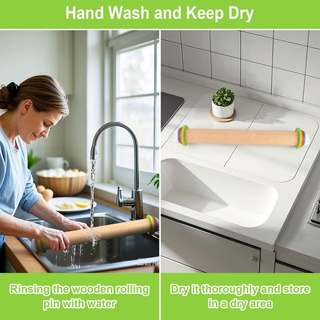 Natural wooden rolling pin with thickness rings on a countertop for drying and storage.