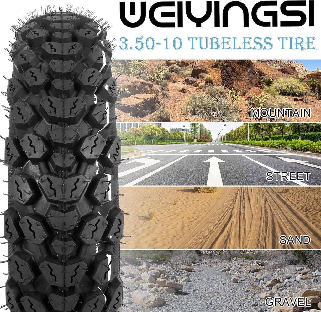 Off-road tubeless scooter tire with dense knobby tread blocks, black, front view