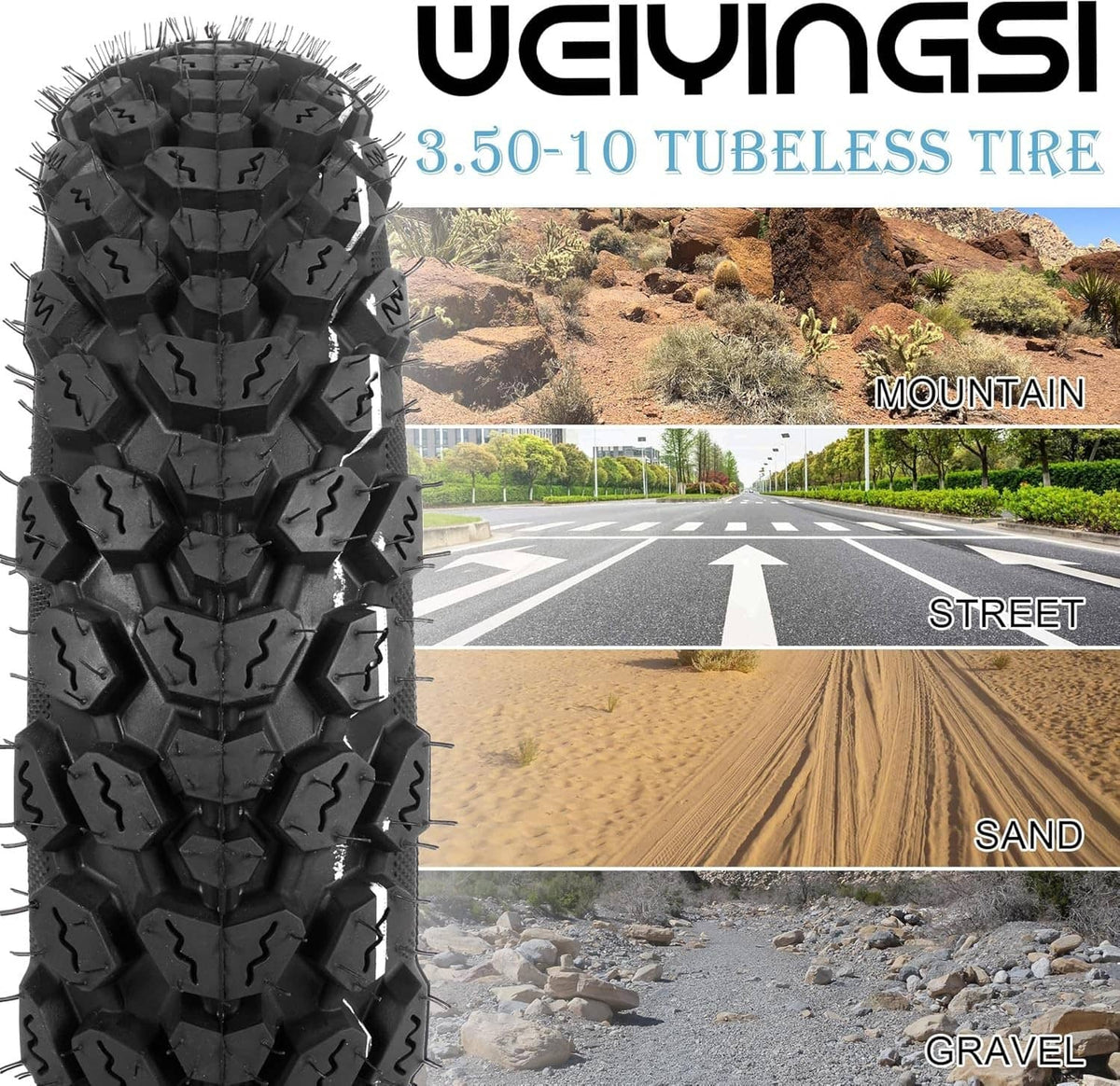 Off-road tubeless scooter tire with dense knobby tread blocks, black, front view