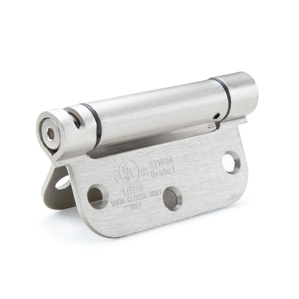 Satin nickel self-closing door hinge with rounded mounting plate and pin