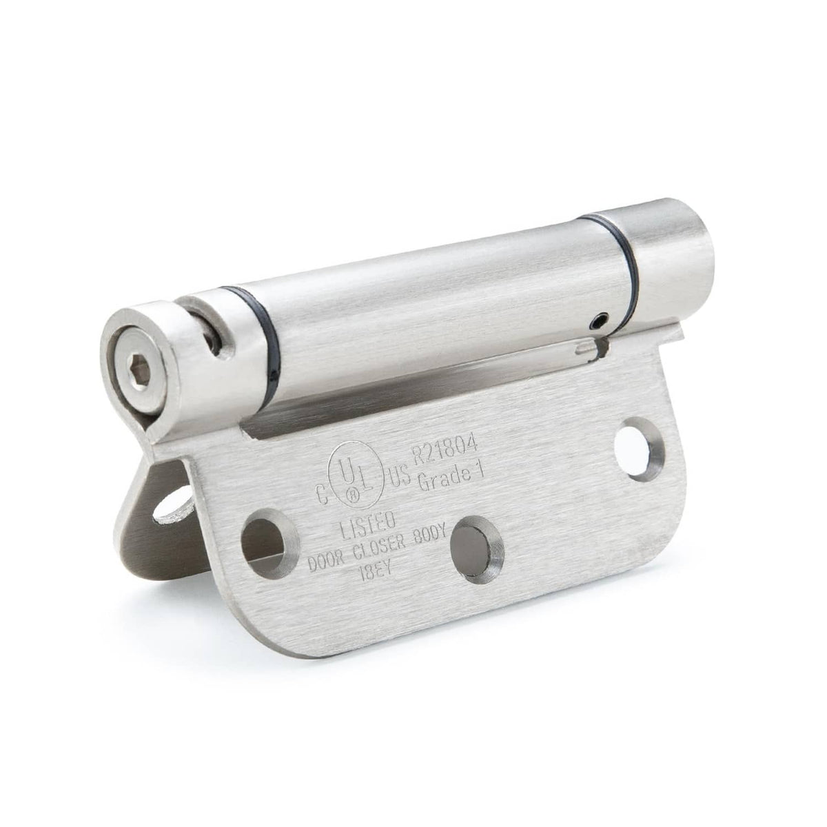 Satin nickel self-closing door hinge with rounded mounting plate and pin