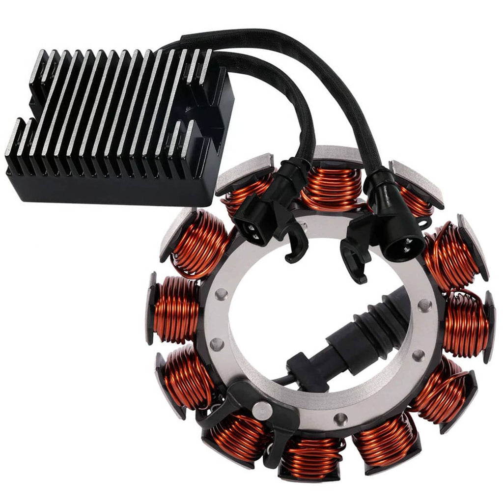 Motorcycle stator and regulator rectifier with copper coils, black heat-sink cover and leads