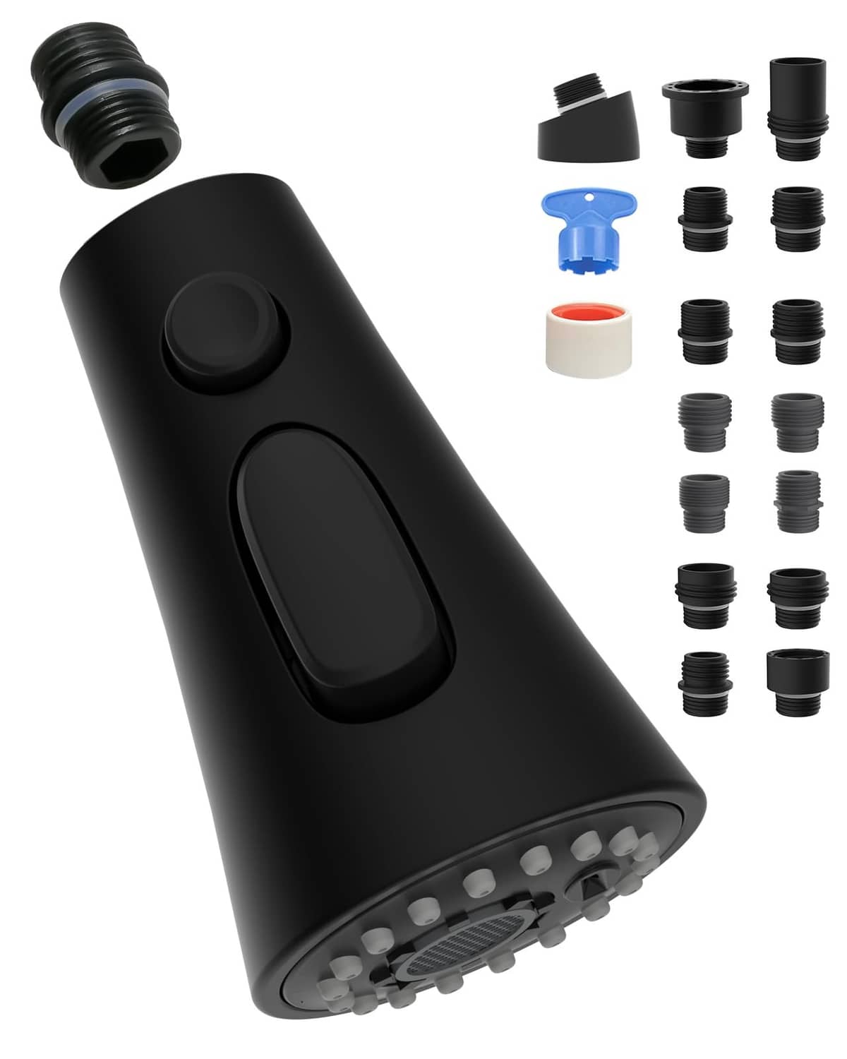Matte black kitchen faucet head replacement with two oval mode buttons and spray nozzles