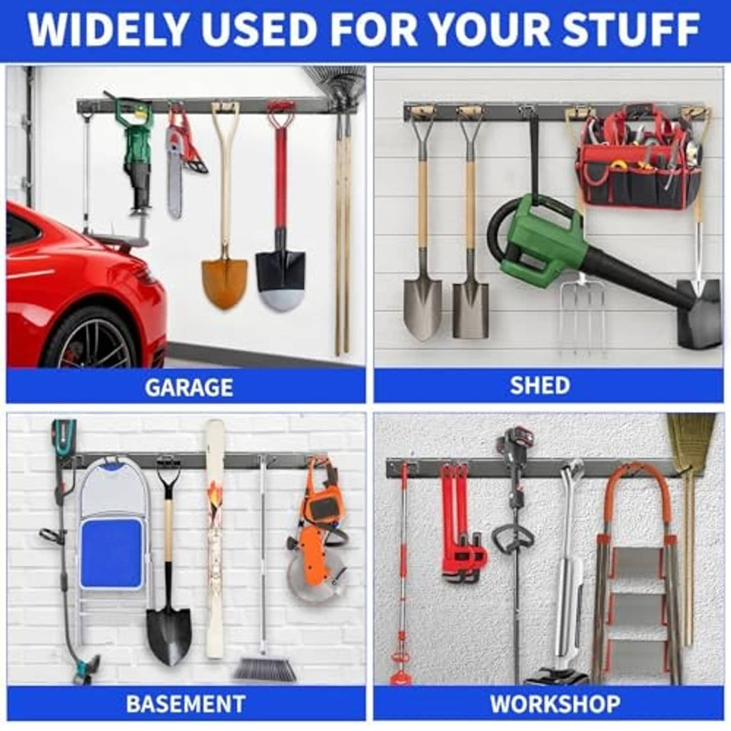Multi-use garage wall organizer with straight hooks for hanging tools and accessories.