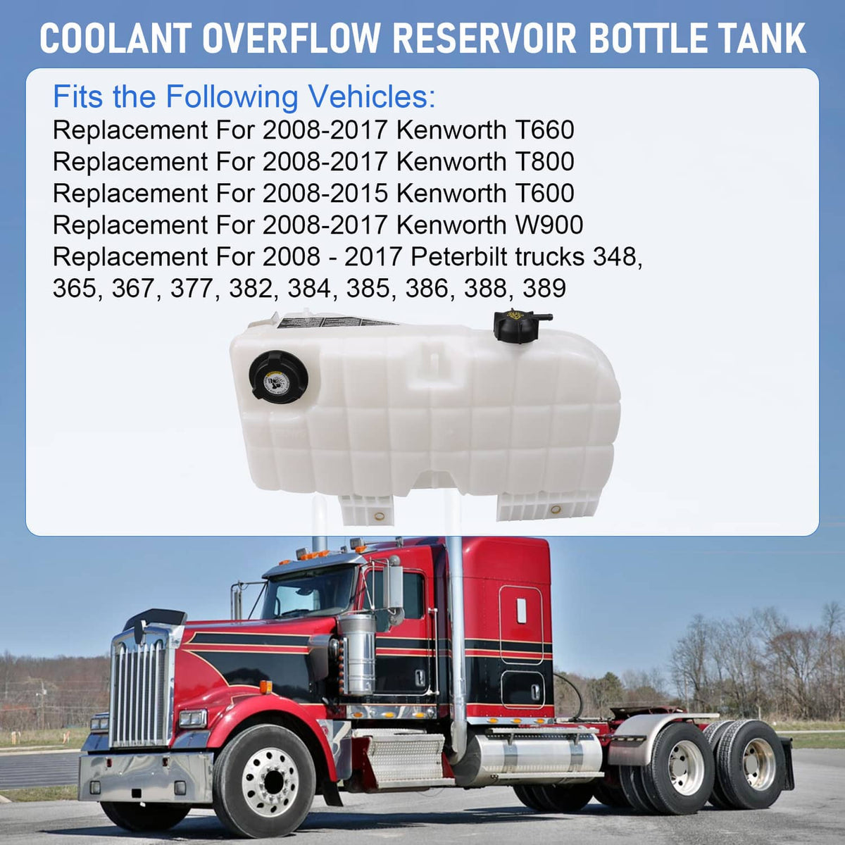 Coolant overflow reservoir bottle tank, white plastic with black cap and mounting brackets