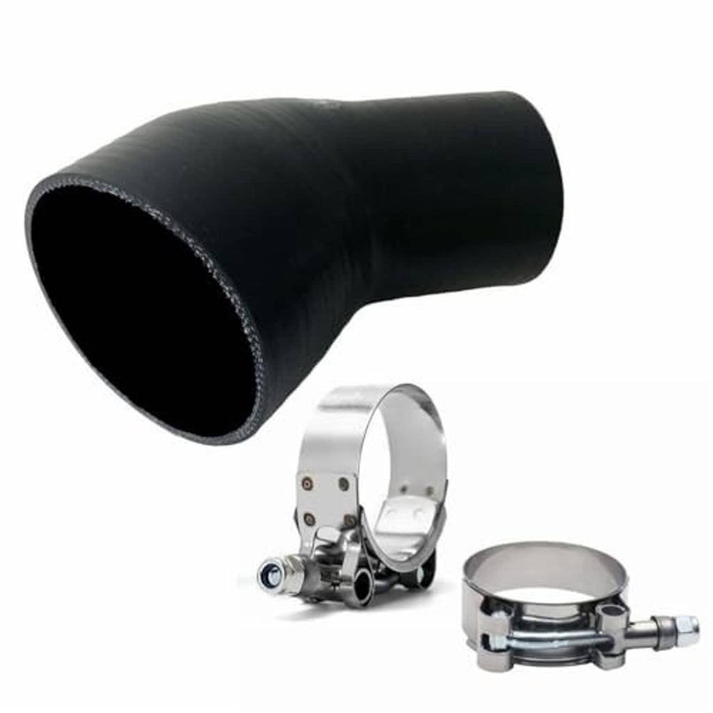 Black 45° rubber reducer hose and clamp set, 2.5–4 in ID