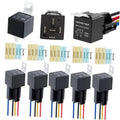 Five black 12V 5-pin relays with crimp terminals and multi-color wiring harness
