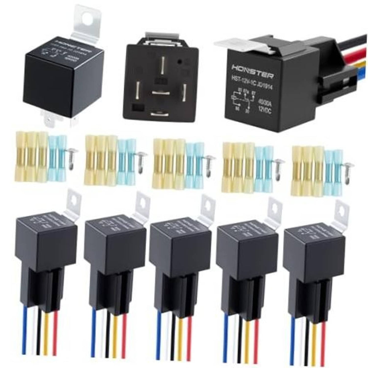 Five black 12V 5-pin relays with crimp terminals and multi-color wiring harness