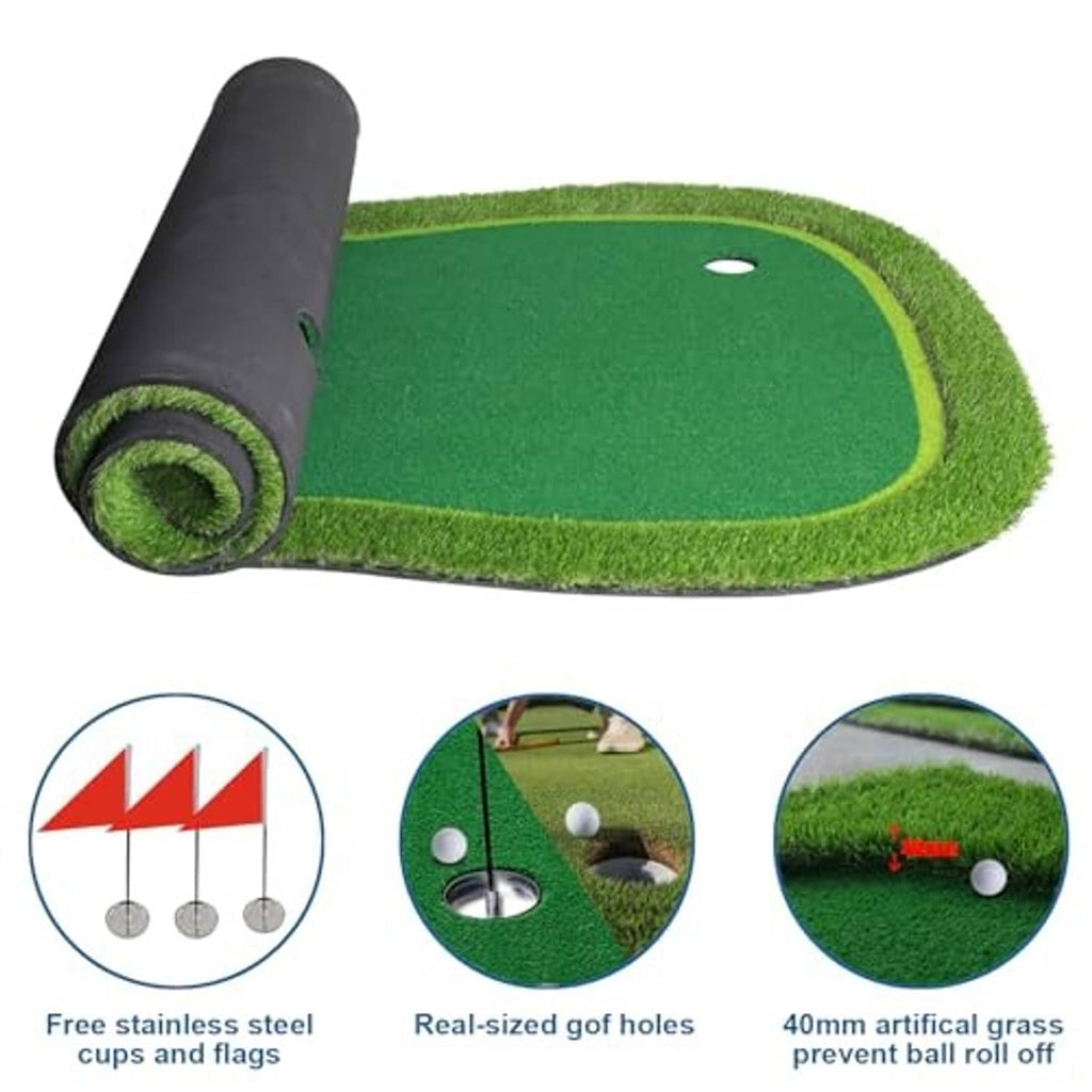 Rolled golf putting green mat, green turf surface with four hole cups and red flag pins