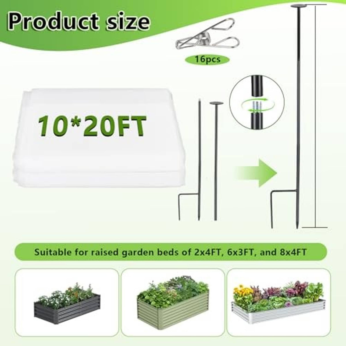 Metal raised bed netting kit with 10x20 ft mesh and 16-piece stake set