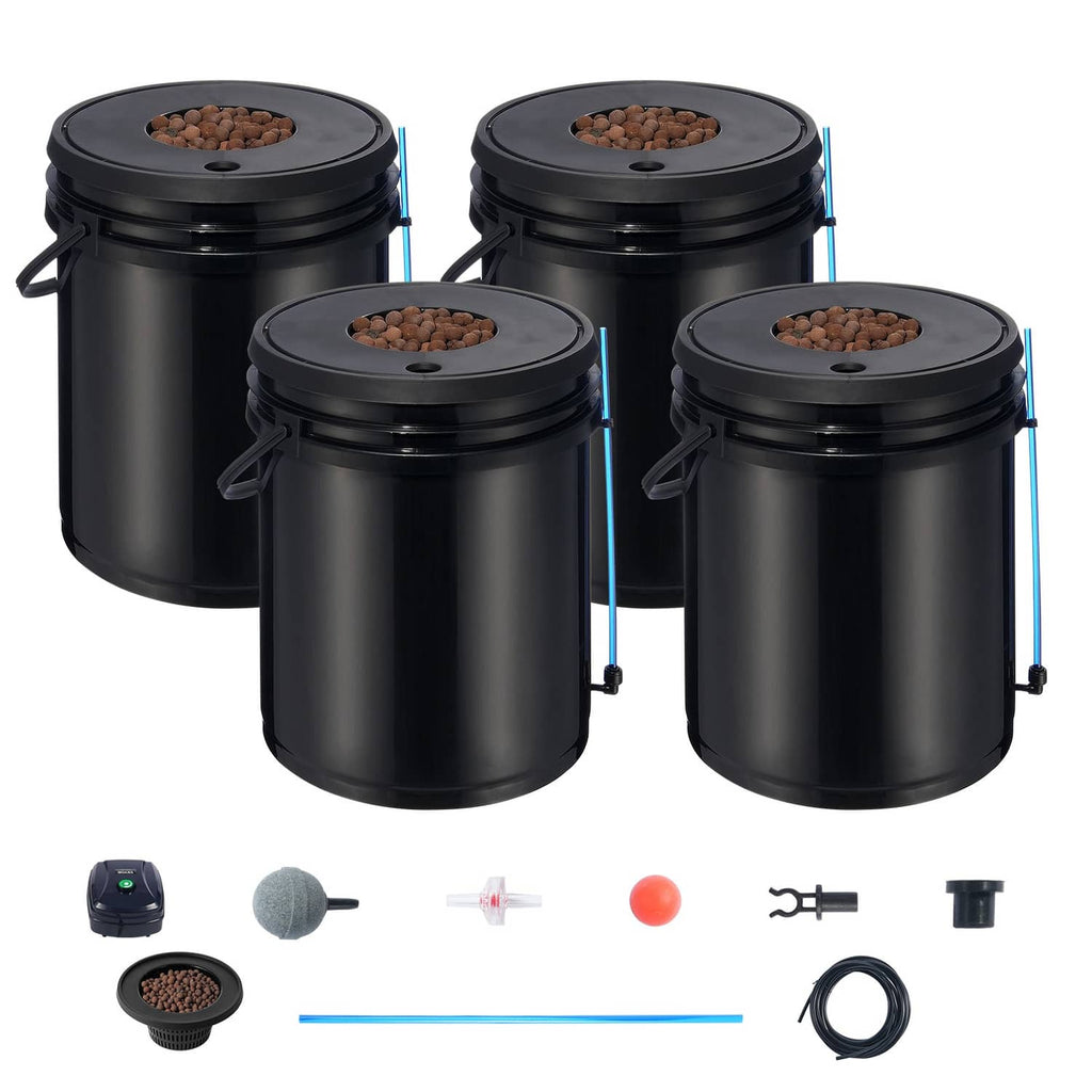 Black 4-bucket DWC hydroponic system with lids, air pump, and tubing set