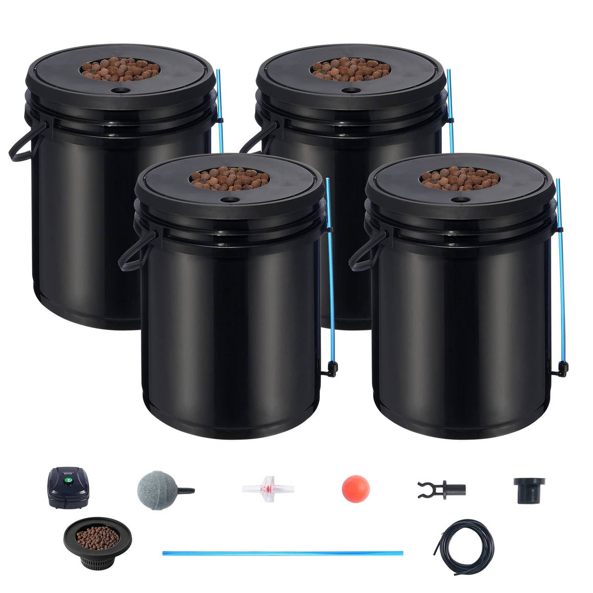 Black 4-bucket DWC hydroponic system with lids, air pump, and tubing set