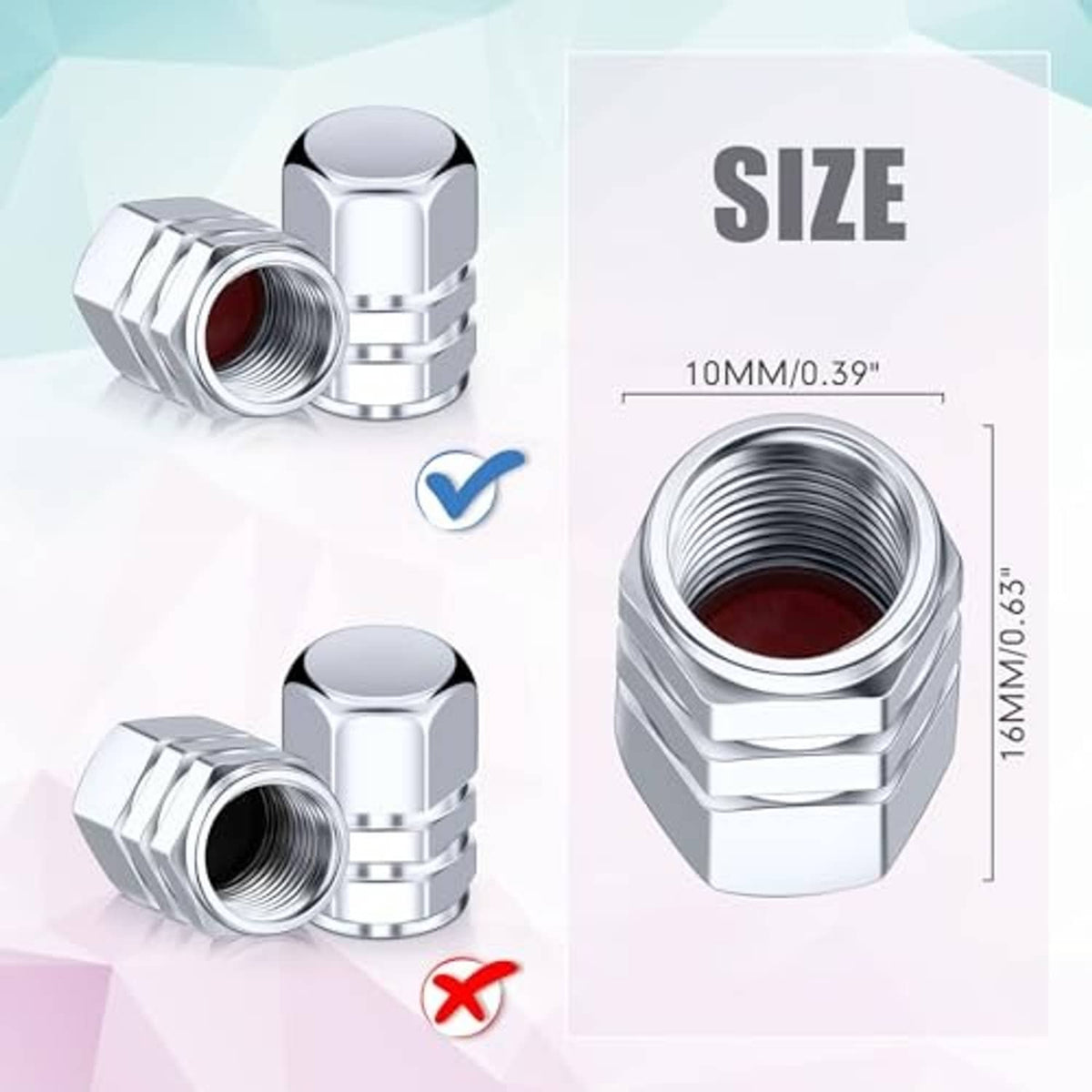 Chrome hex tire valve stem cap showing internal threads and rubber seal opening