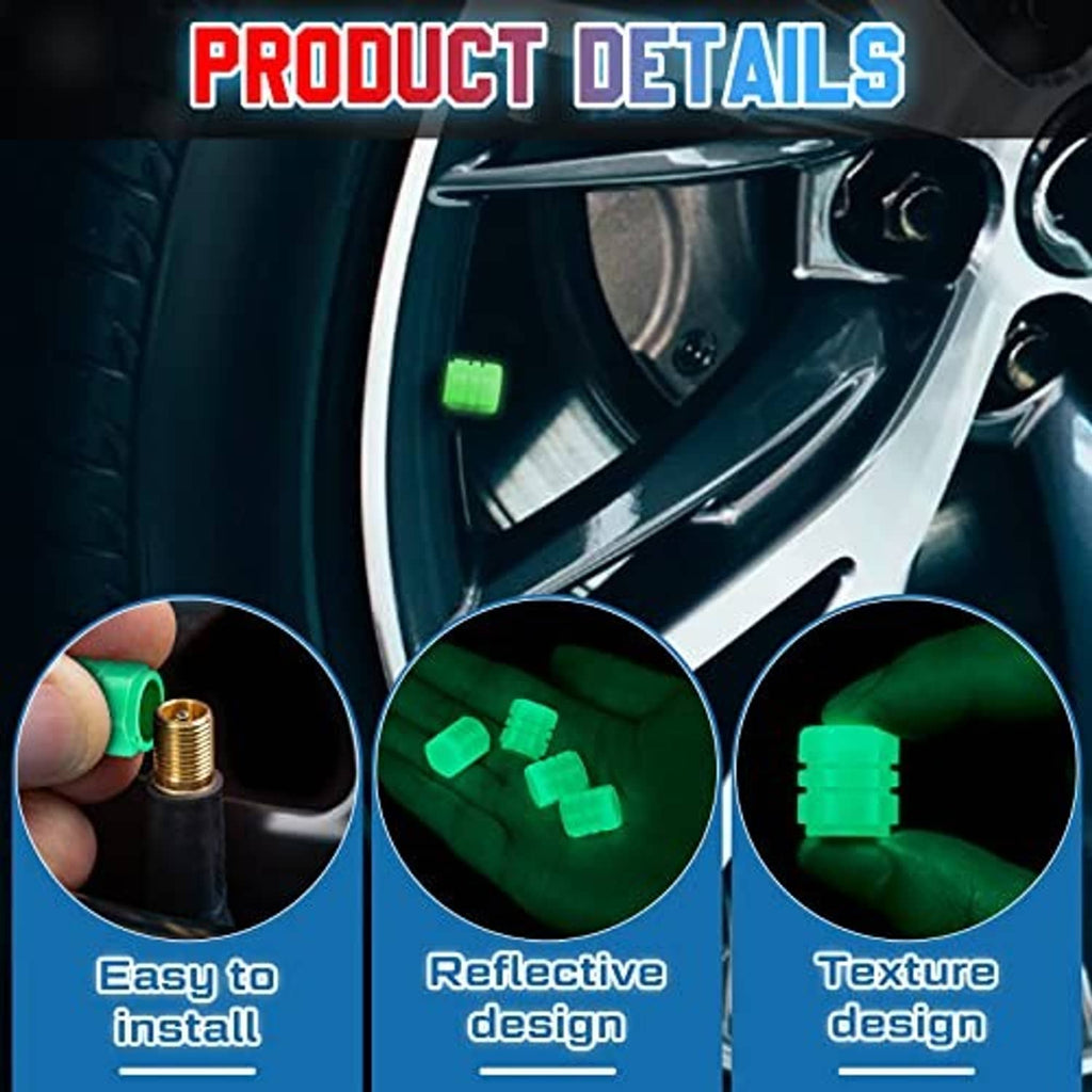Glow-in-the-dark tire valve caps with green color; close-up shows easy install design