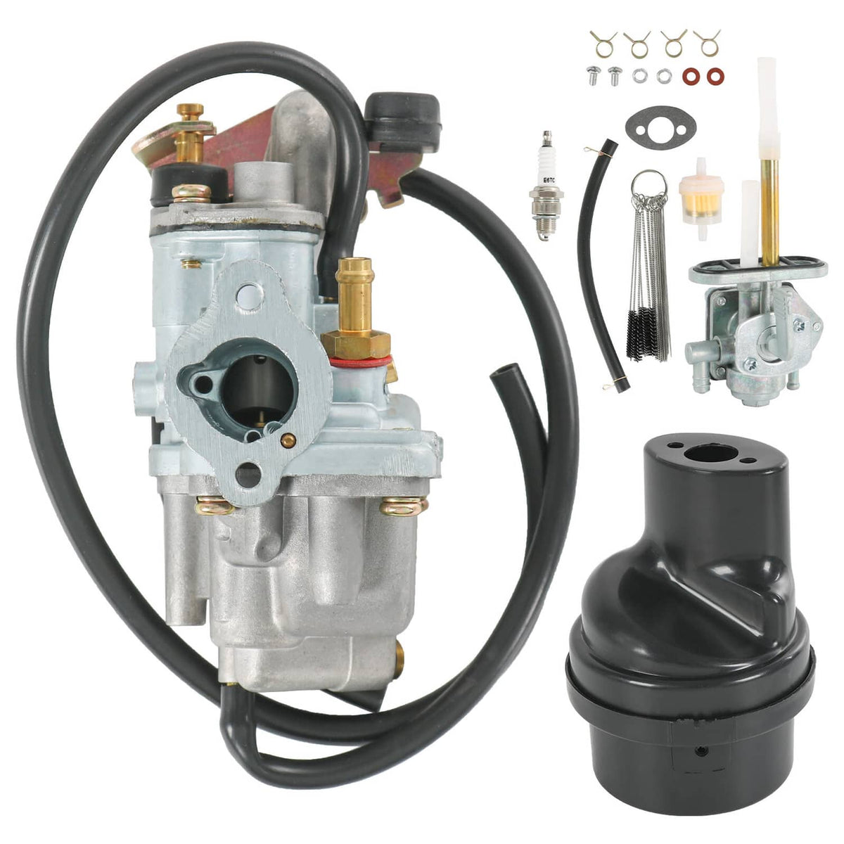 Carburetor air and fuel filter set with carburetor, air filter, and fuel filter pieces