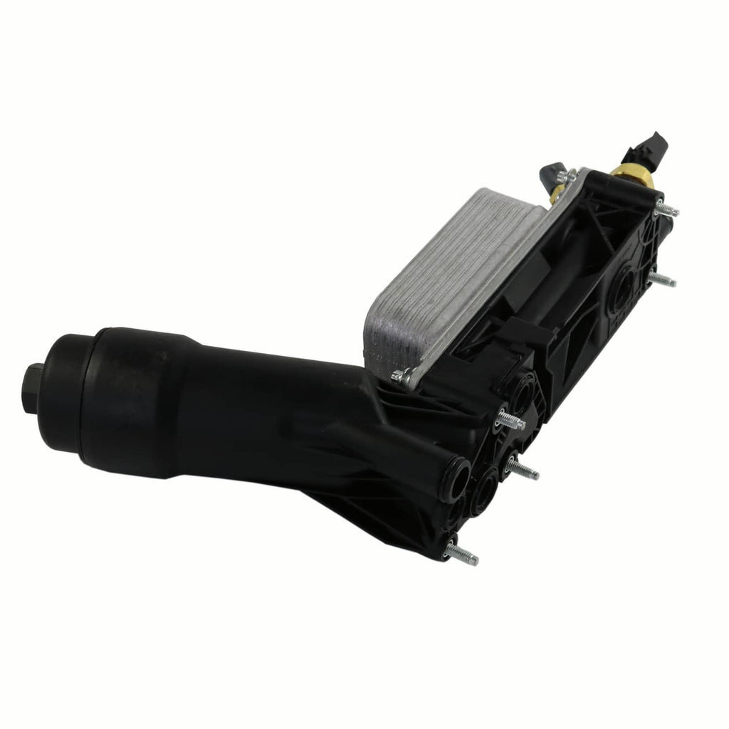 Oil filter adapter housing side view with black body and silver heat exchanger core