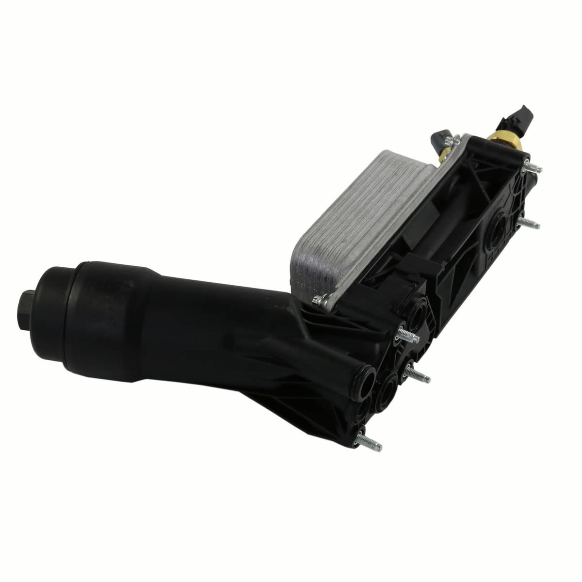 Oil filter adapter housing side view with black body and silver heat exchanger core