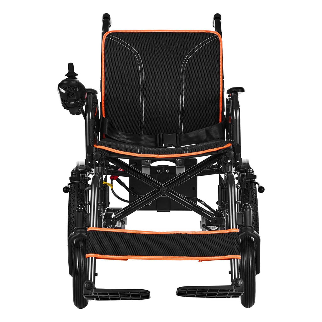 Foldable electric wheelchair with black seat and back, orange trim, front cross-brace