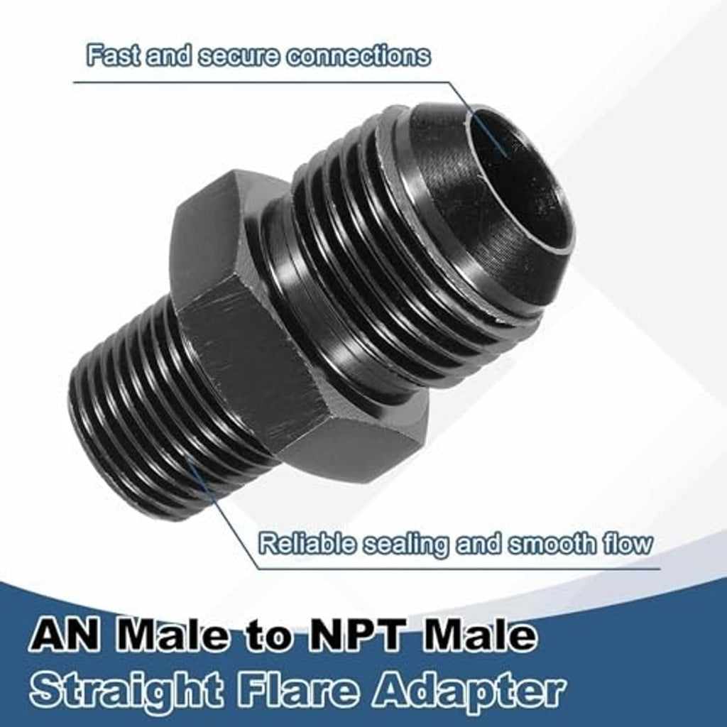 Black AN male to NPT male straight flare adapter fitting with hex flats