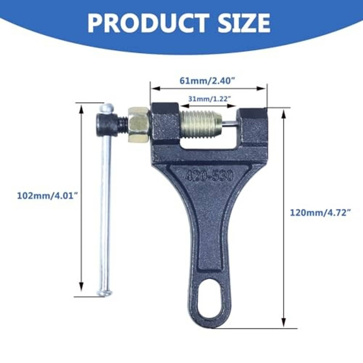 Chain breaker tool with size diagram layout and dark frame, threaded screw, and lever