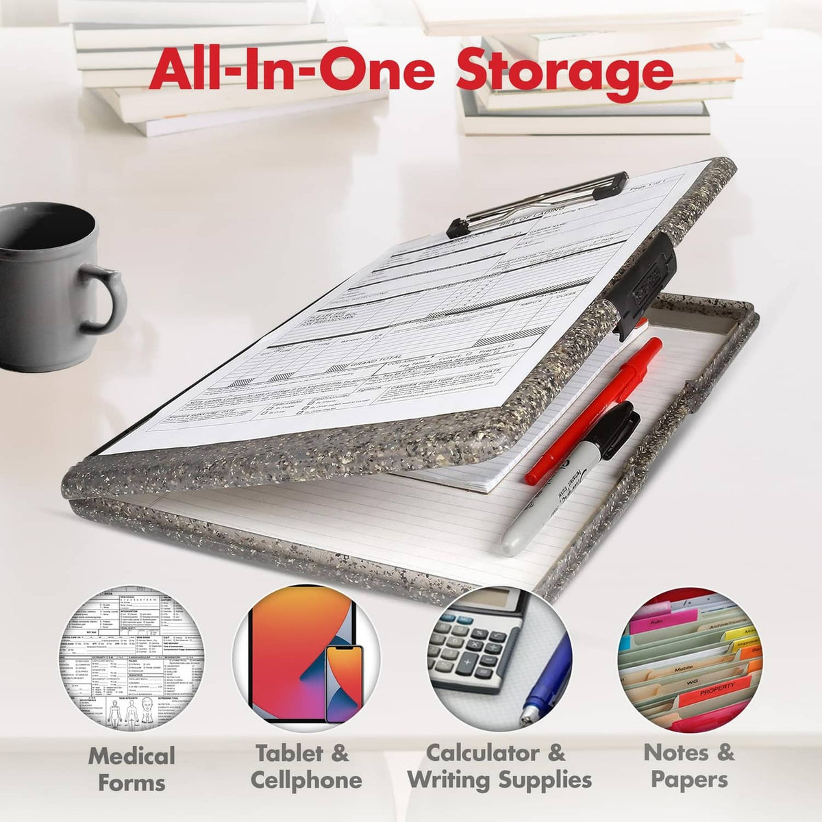 Open speckled dark gray clipboard with papers inside and pen storage compartment
