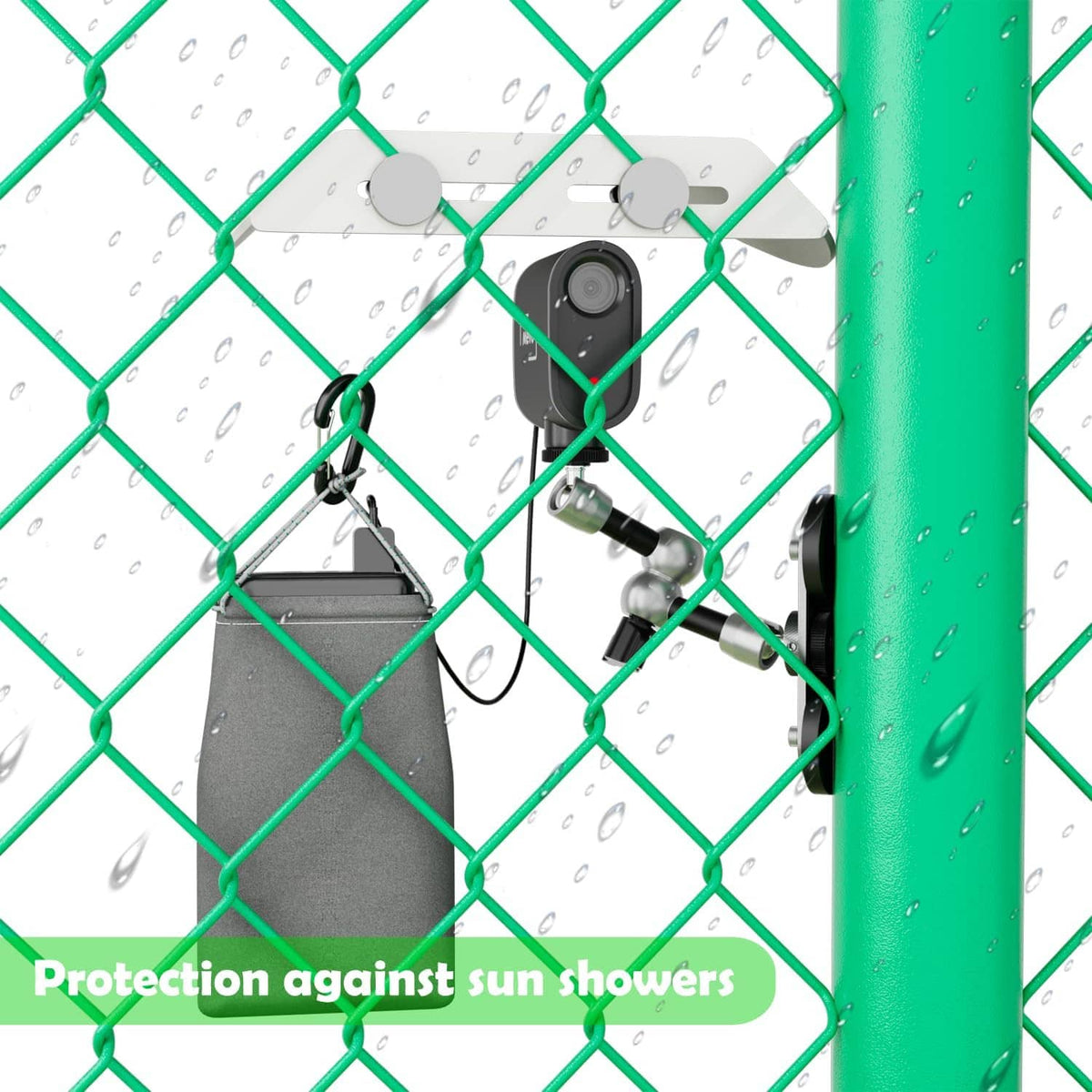 Magnetic phone fence mount with weather shield over phone and camera mounting hardware