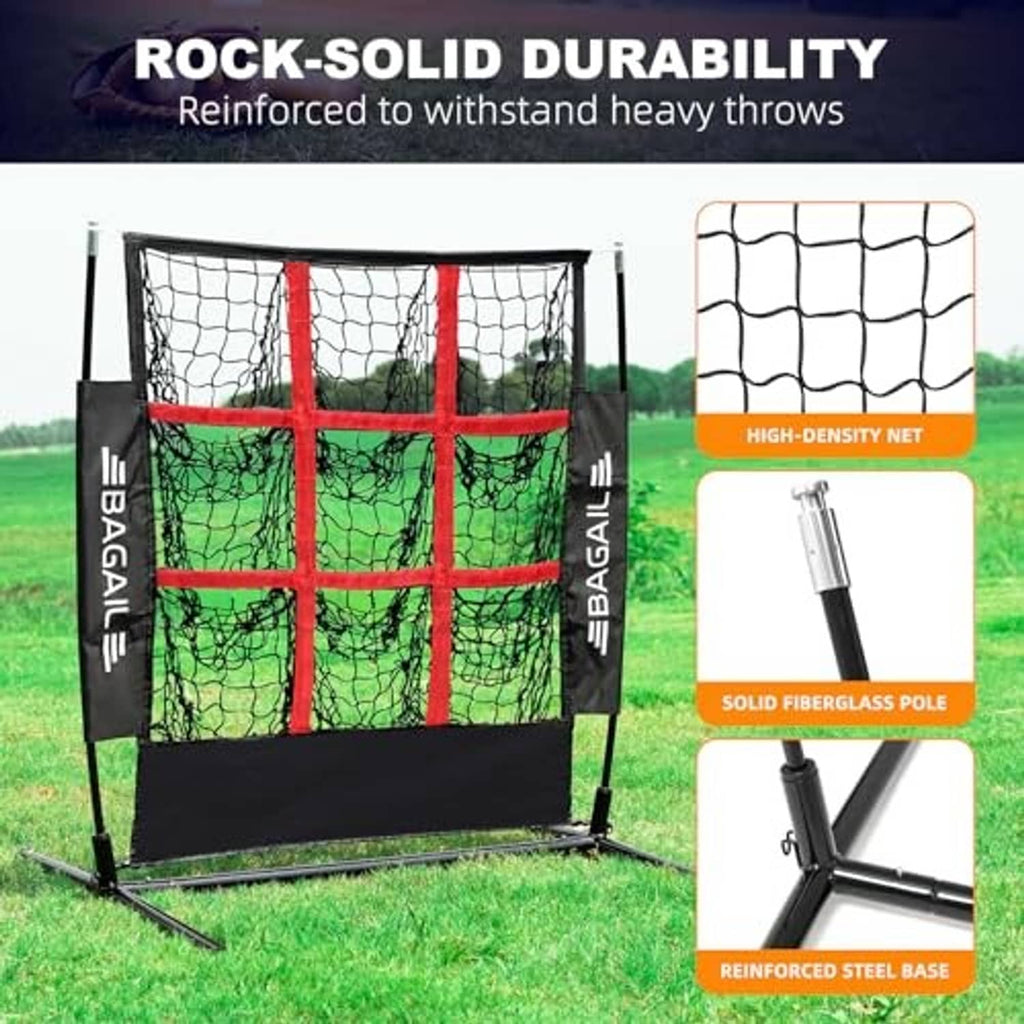 Baseball training net with high-density white mesh, black frame, and red 9-zone grid