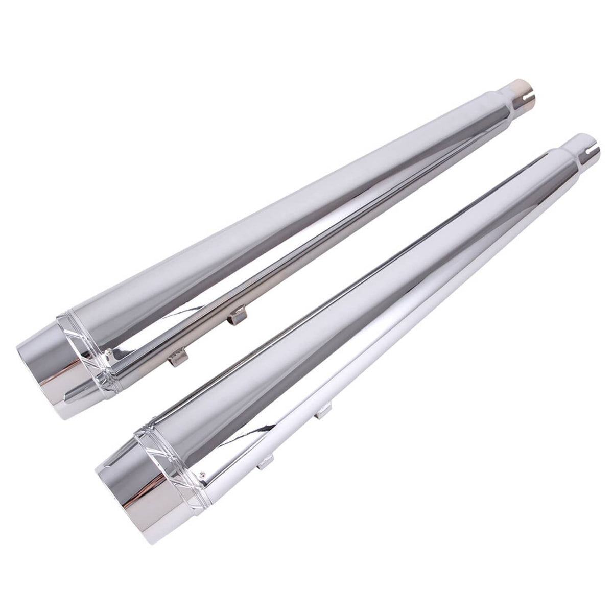 Chrome slip-on exhaust mufflers, dual cylindrical housings with shiny end rings
