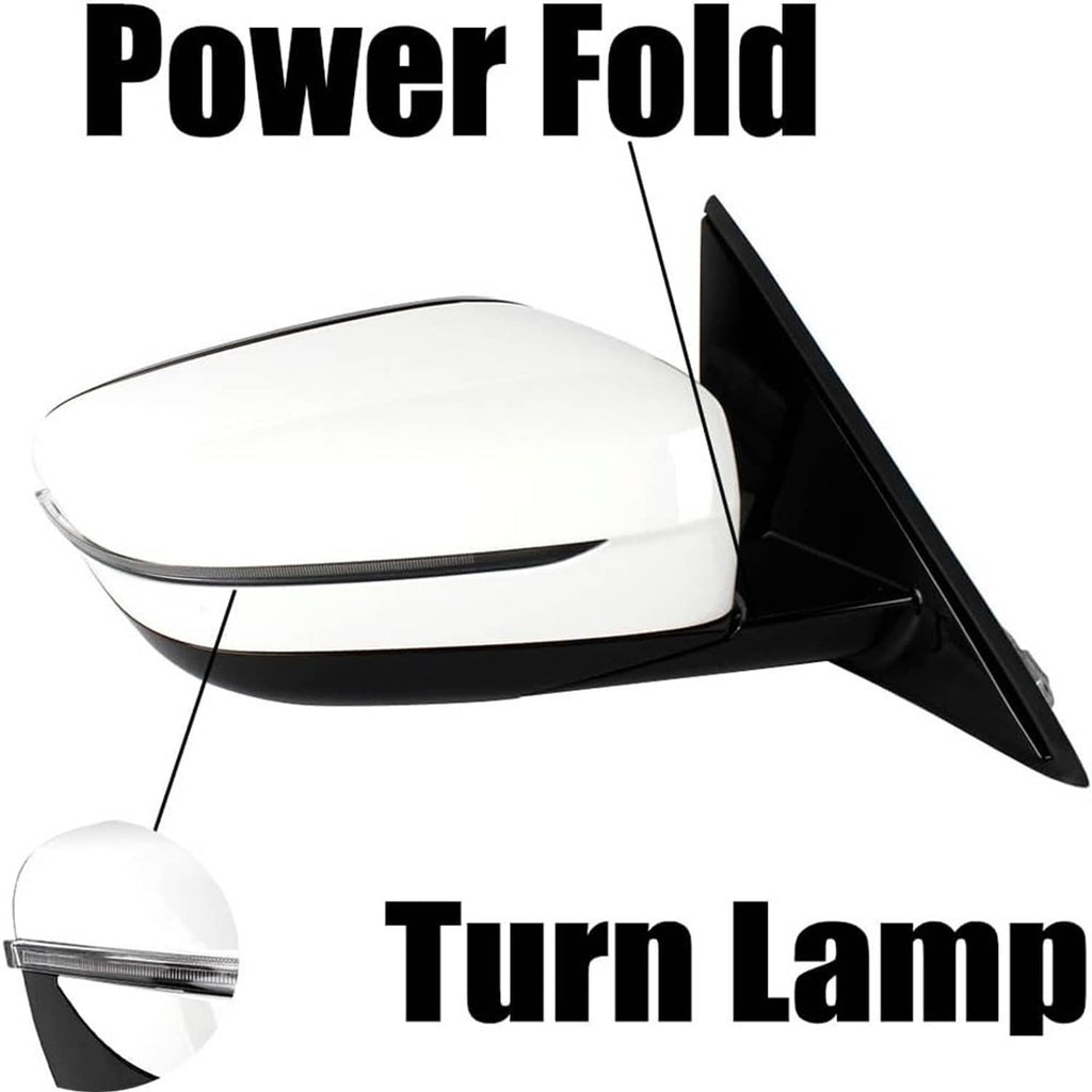 Power-fold passenger side mirror with turn lamp and white housing