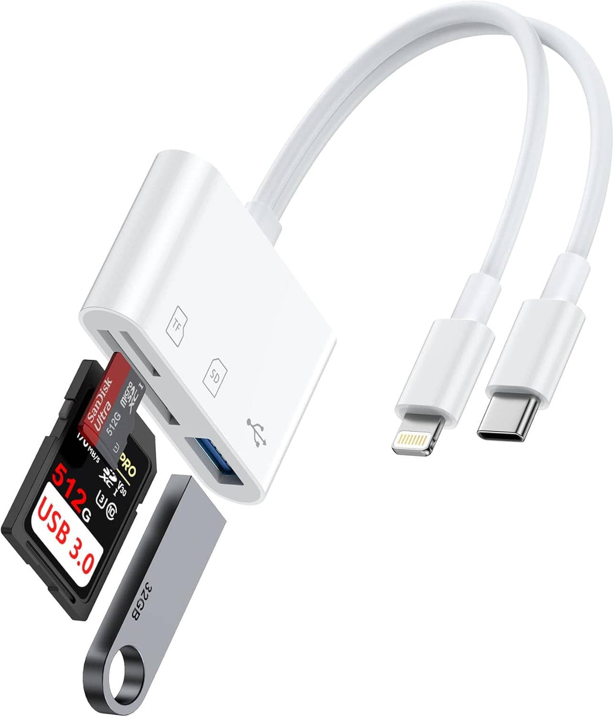 White SD card reader with Lightning and USB-C cables attached, SD slot visible.