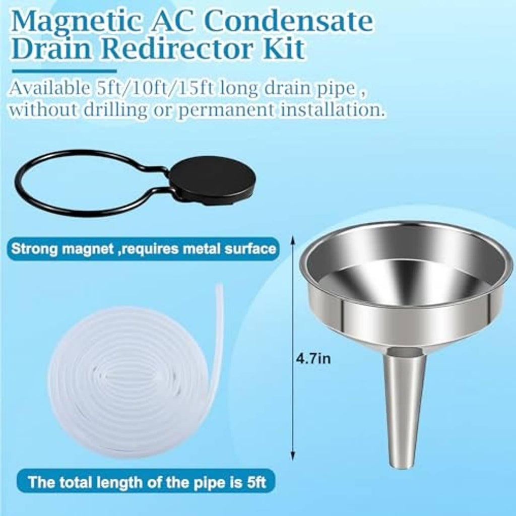 Magnetic AC condensate drain redirector with metal funnel, black magnet cap, rolled white hose