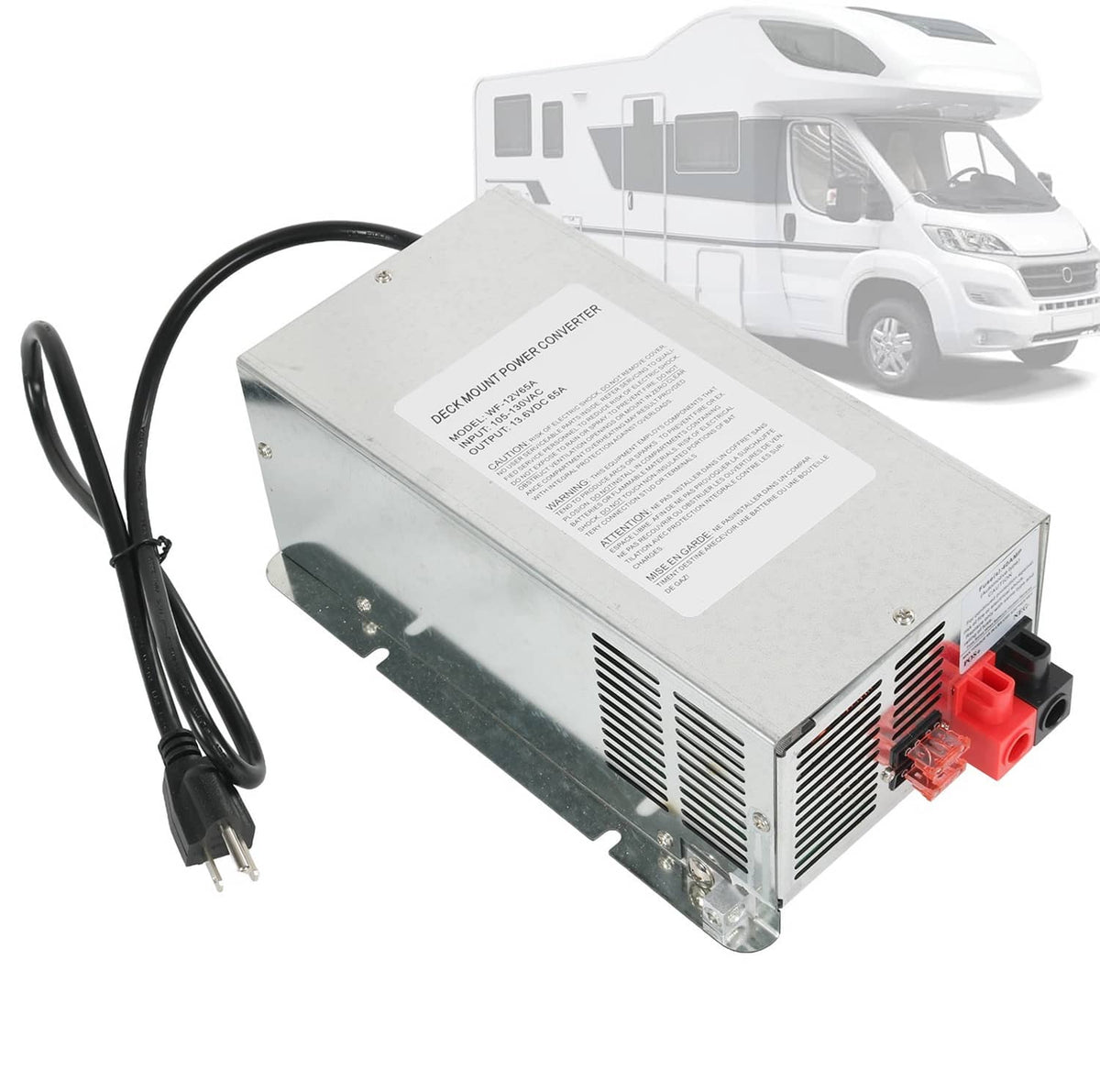RV power converter charger with black power cord and red DC output terminals