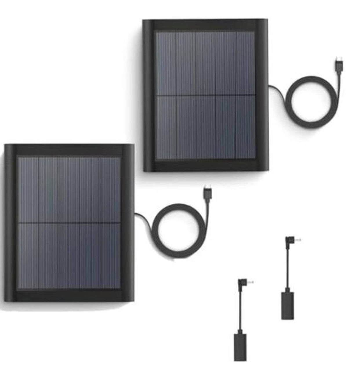 Two-solar-panel charger set with black cables and small ring connector attachments