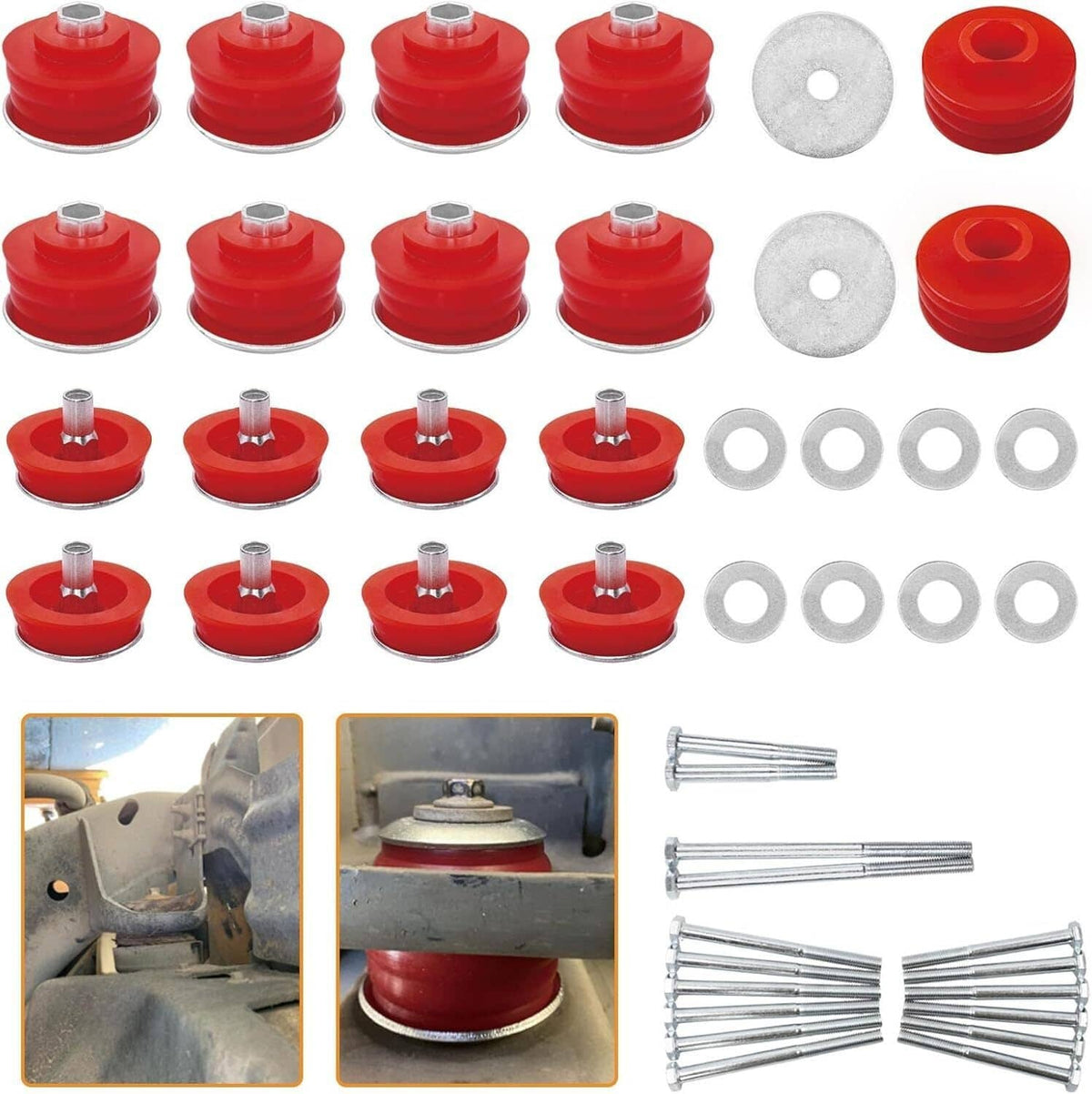 Red bushings with metal bolts and washers shown for body mount hardware installation