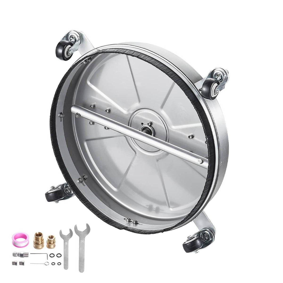 18-inch stainless surface cleaner head with rotating spray bar and four caster wheels