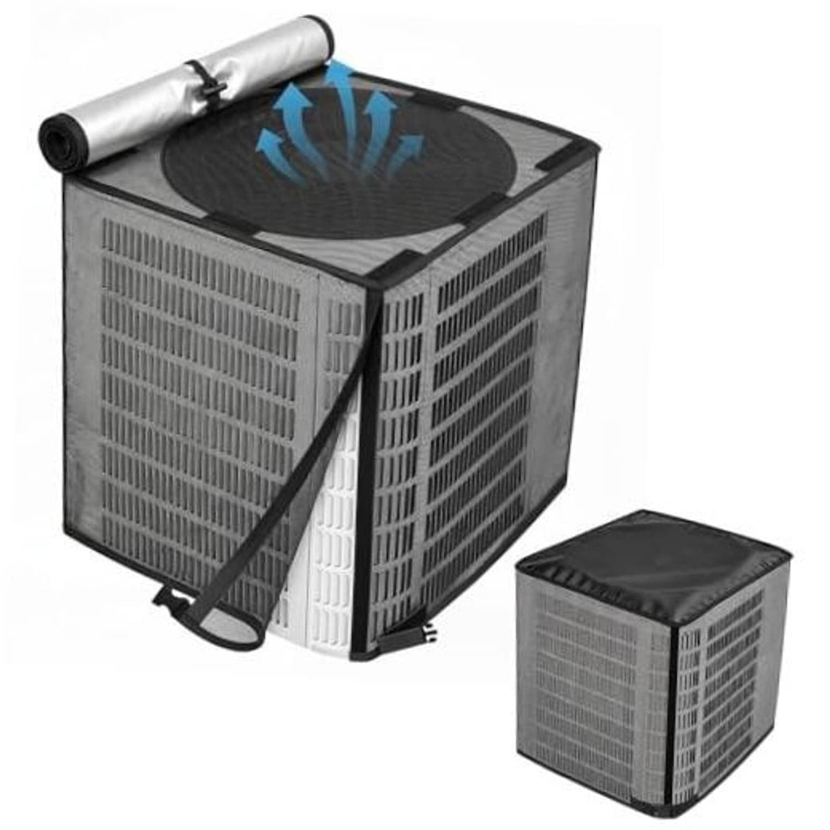 2-in-1 mesh air conditioner cover set, black top with rolled-up fabric and cube design