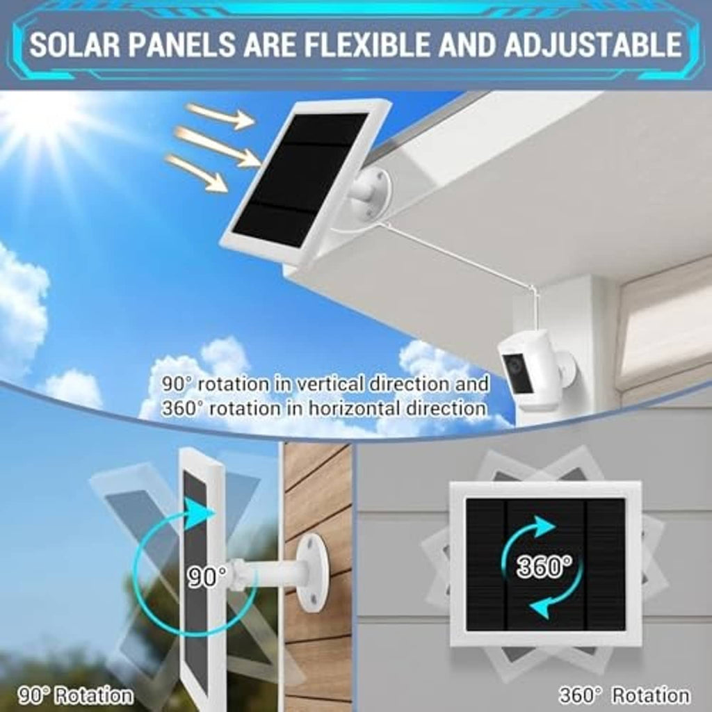 Adjustable white solar panel charger with tilt and rotation shown by arrows