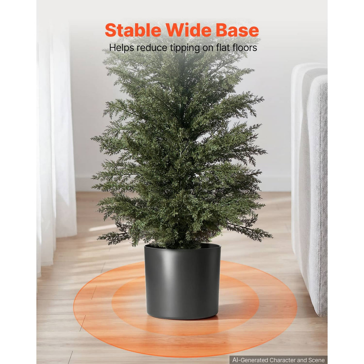 Artificial cedar topiary tree with wide round base in a dark pot