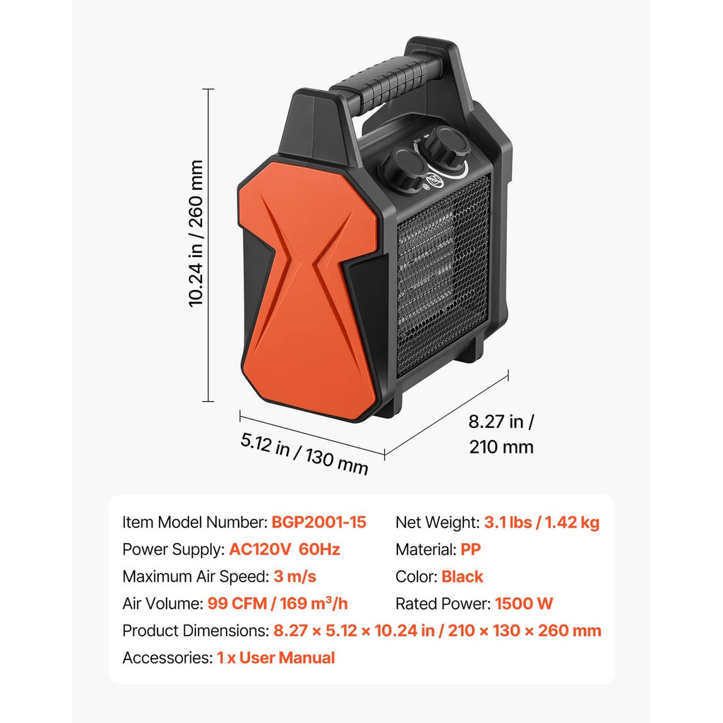 Orange and black electric greenhouse heater, side view with top handle and front grille