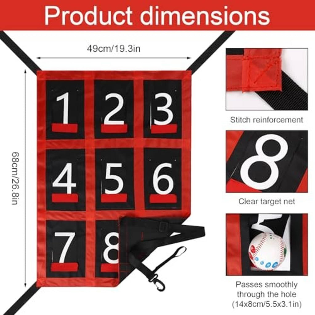 Baseball strike zone target net with red frame and black 1–9 grid panel