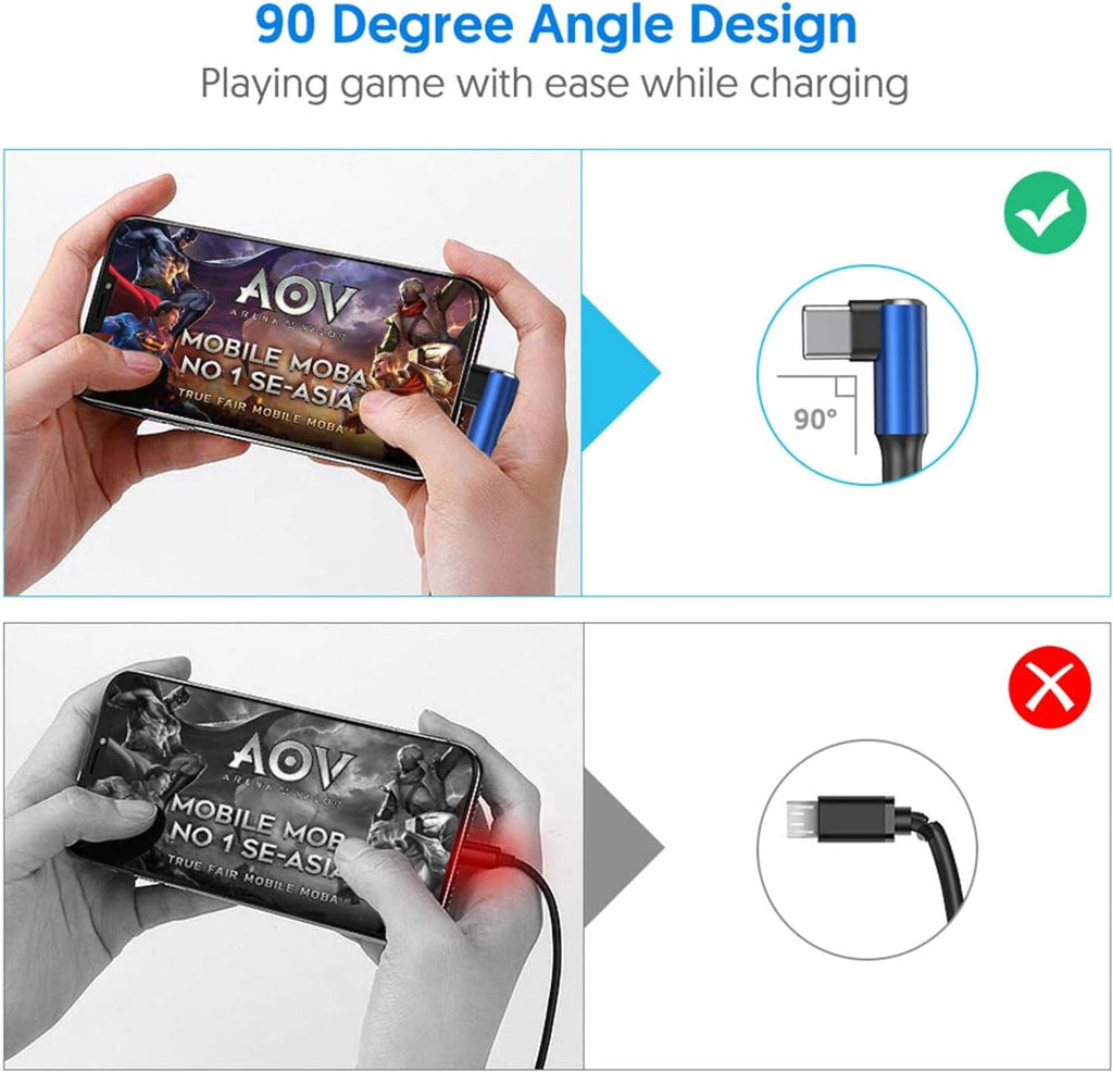 Angled USB-C right-angle connector on blue braided charging cable with USB-A end