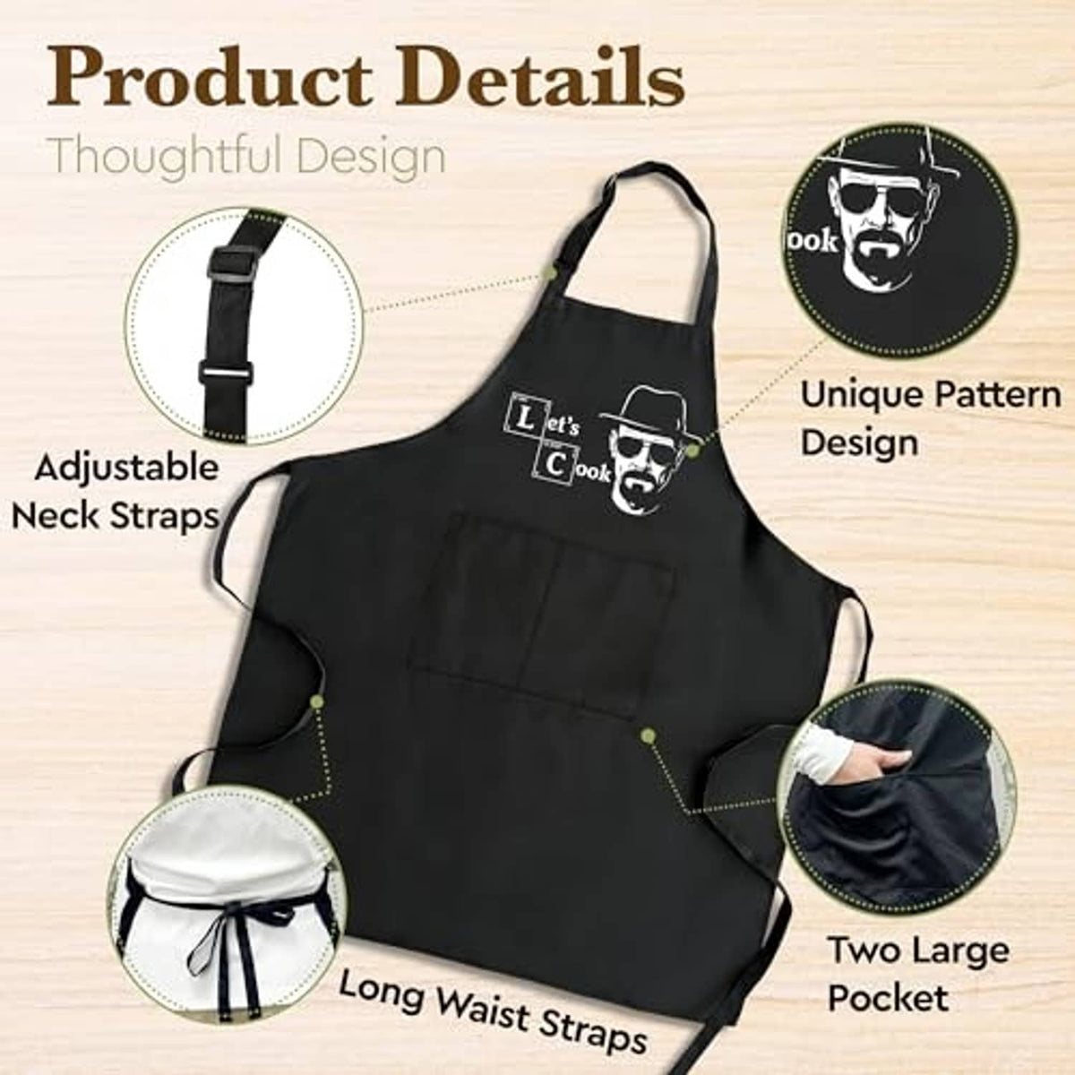 Black apron with “Let’s Cook” design, adjustable neck straps and two large pockets